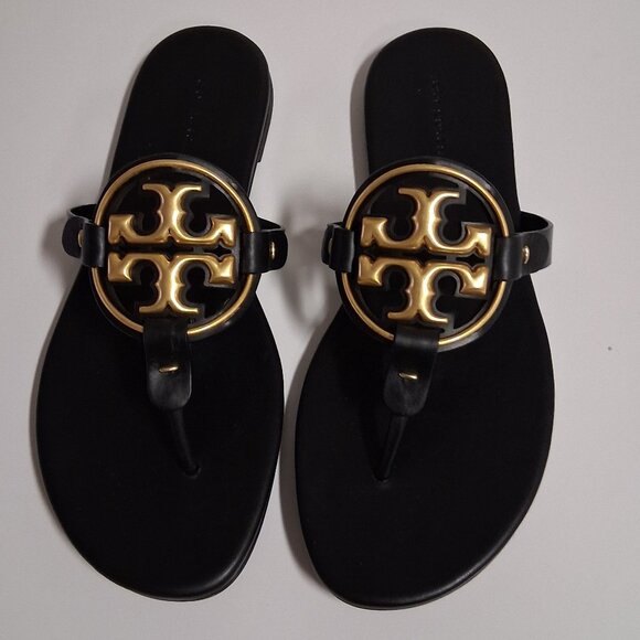 Tory Burch Metal Miller Soft Sandals Size 8 Perfect Black/Gold Gently Used